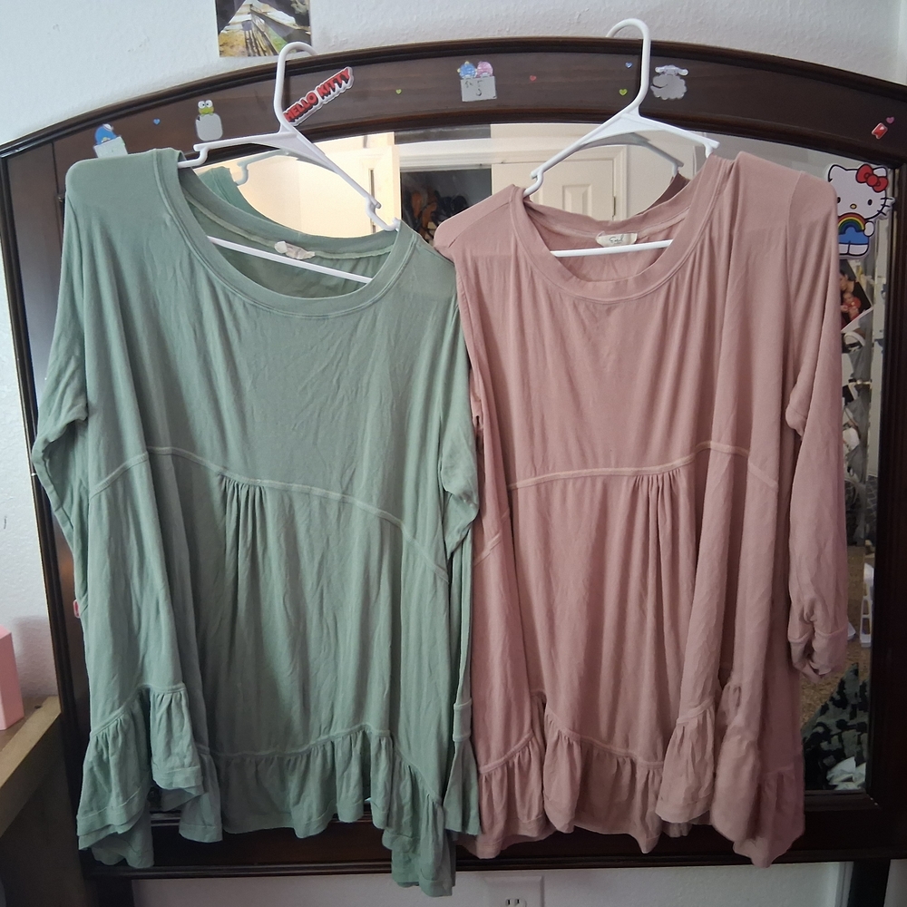 Chic Ruffle Hem Tunics in Green and Pink